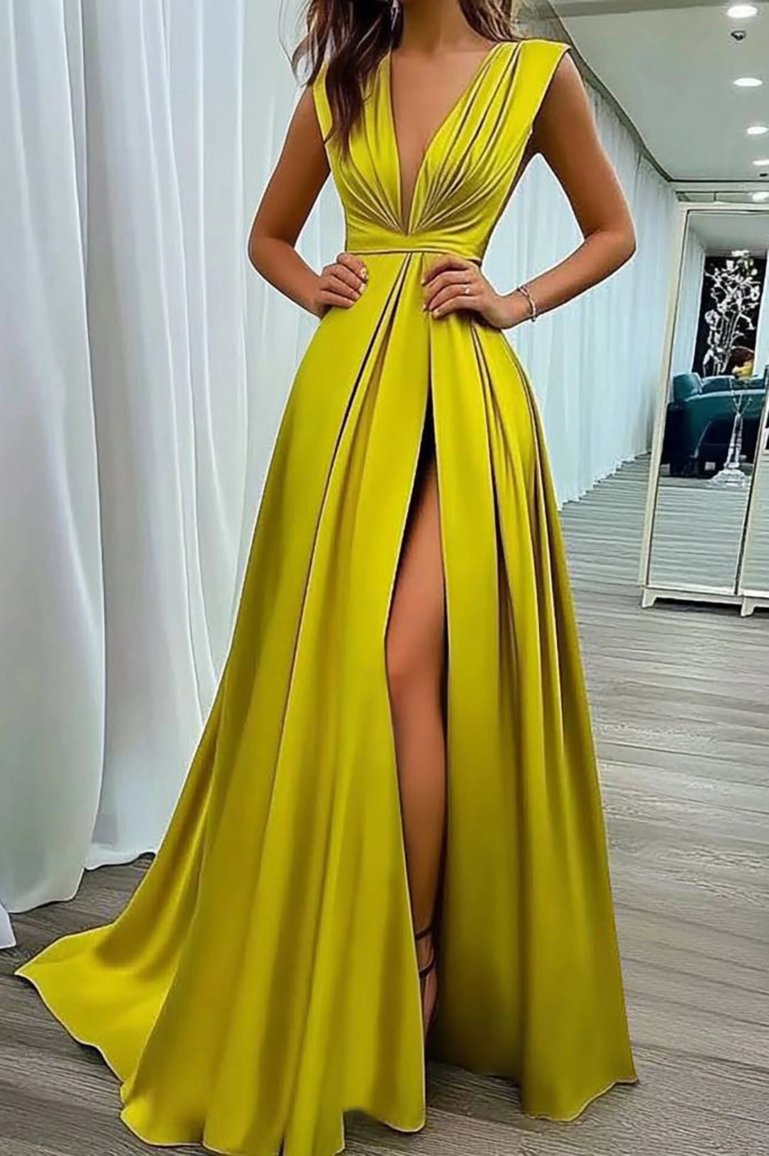 Evening Party Dress Deep V-Neck Sleeveless High Slit Maxi Dress