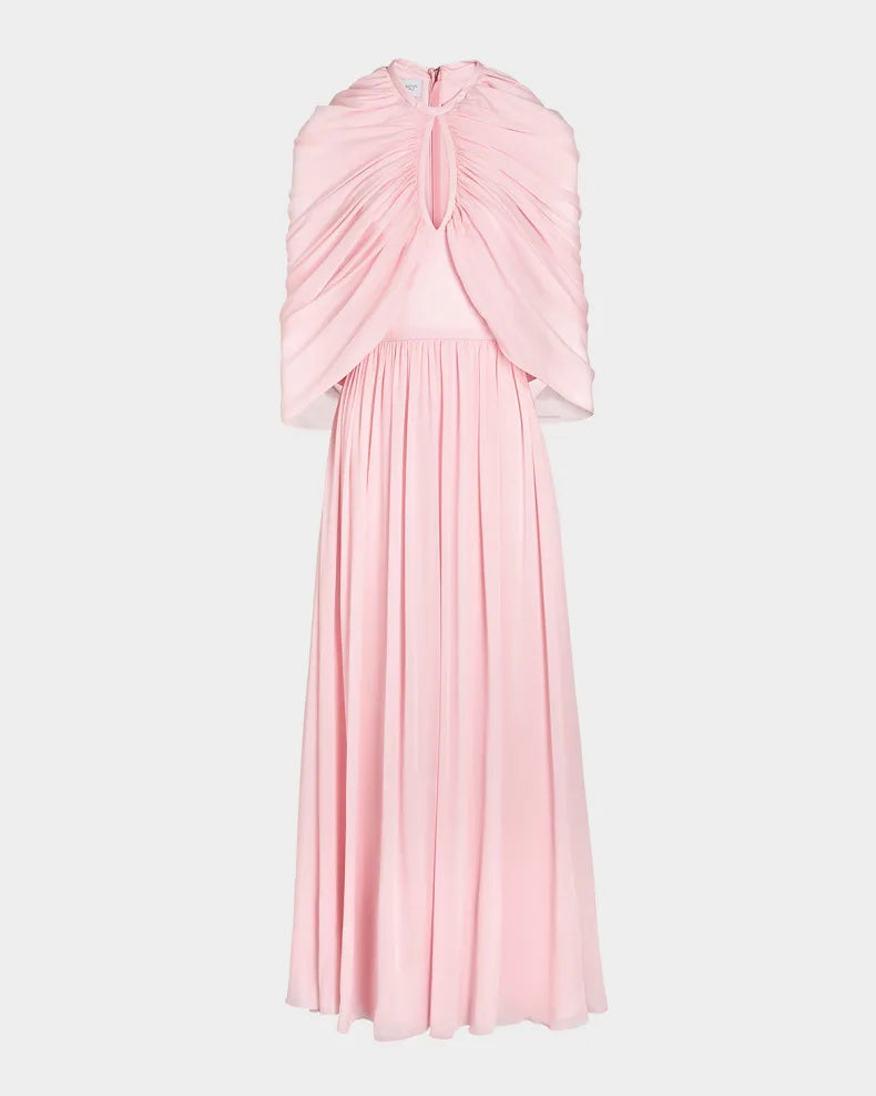 Charming and unique design Beautiful generous simple Keyhole Draped Cape Silk Gown