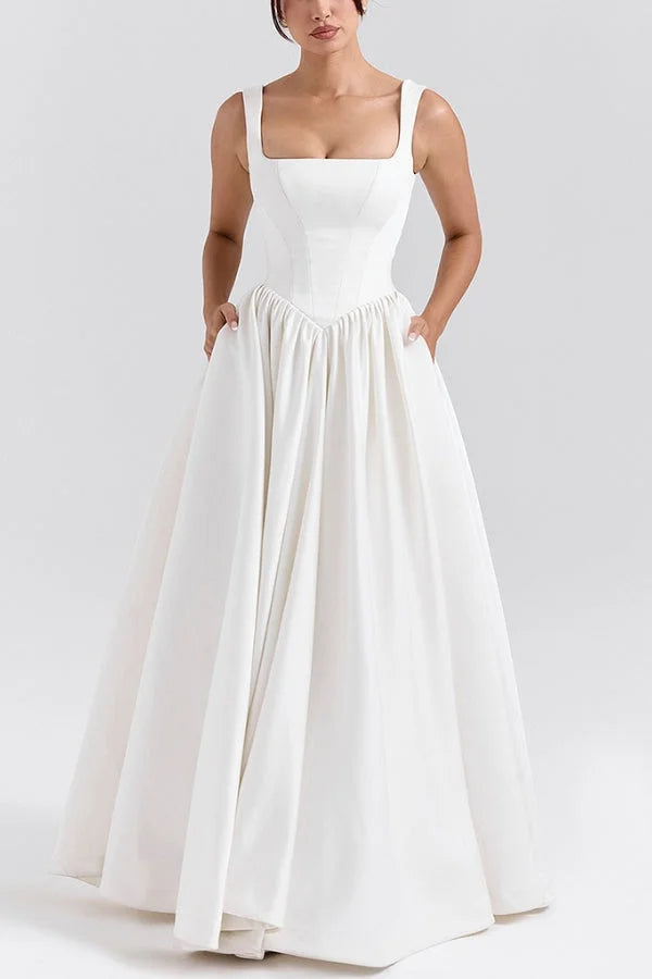 Wide Straps Corset Solid Color Gowns Maxi Dresses-White Simple atmospheric beautiful and unique desi