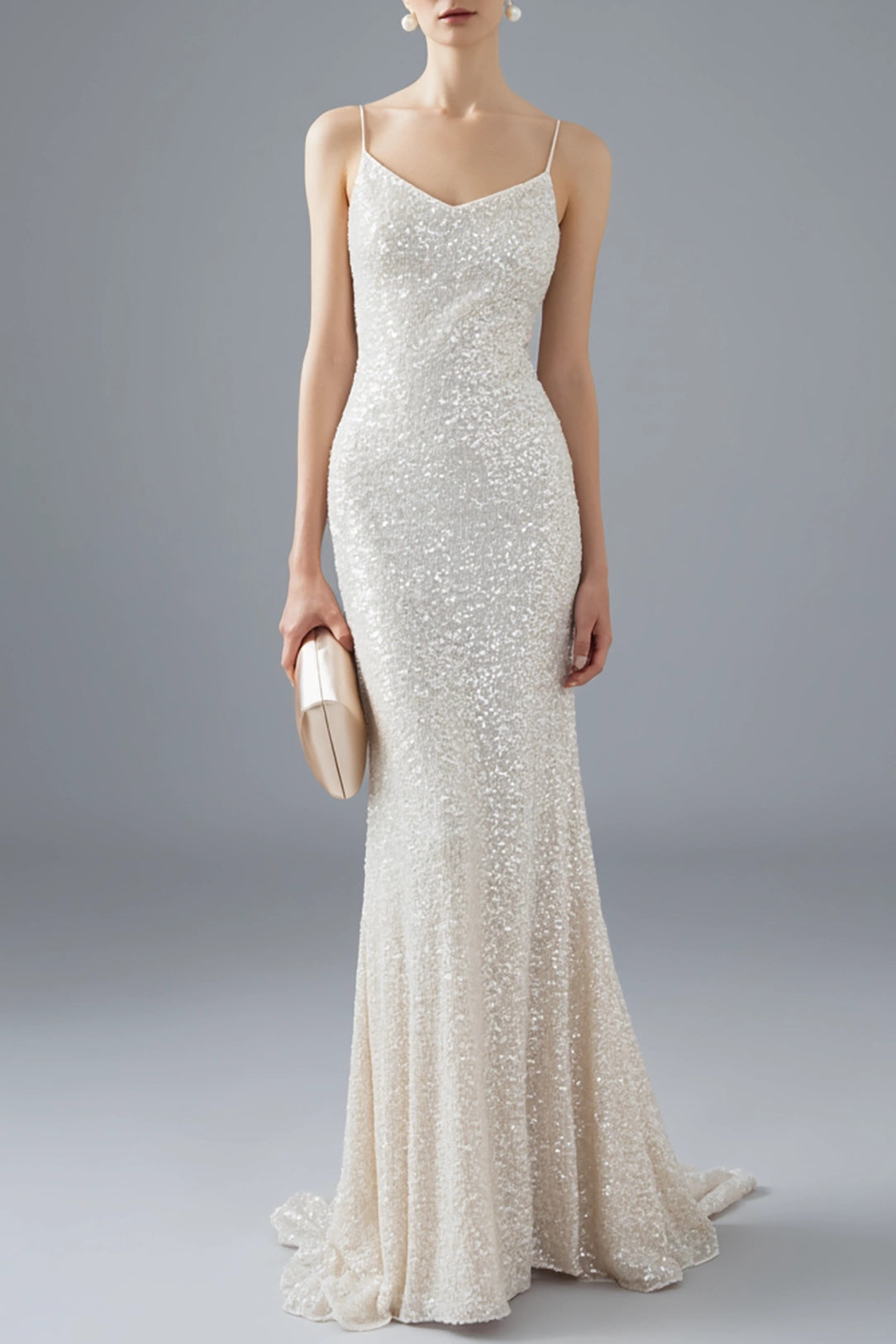 Evening Spaghetti Strap Sequin Dress White Mermaid Floor-Length Gown