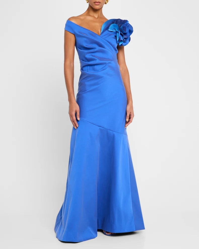 Pleated Off-Shoulder Ruffle Gazar Gown Beautiful and charming simple and unique desig