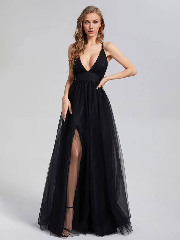 V-neck Side Slit Soft Satin Prom Dress with Trainning Simple gentle atmospheric and unique design
