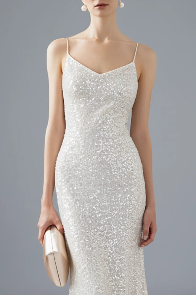 Evening Spaghetti Strap Sequin Dress White Mermaid Floor-Length Gown