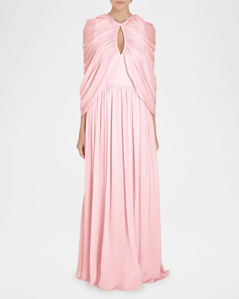 Charming and unique design Beautiful generous simple Keyhole Draped Cape Silk Gown