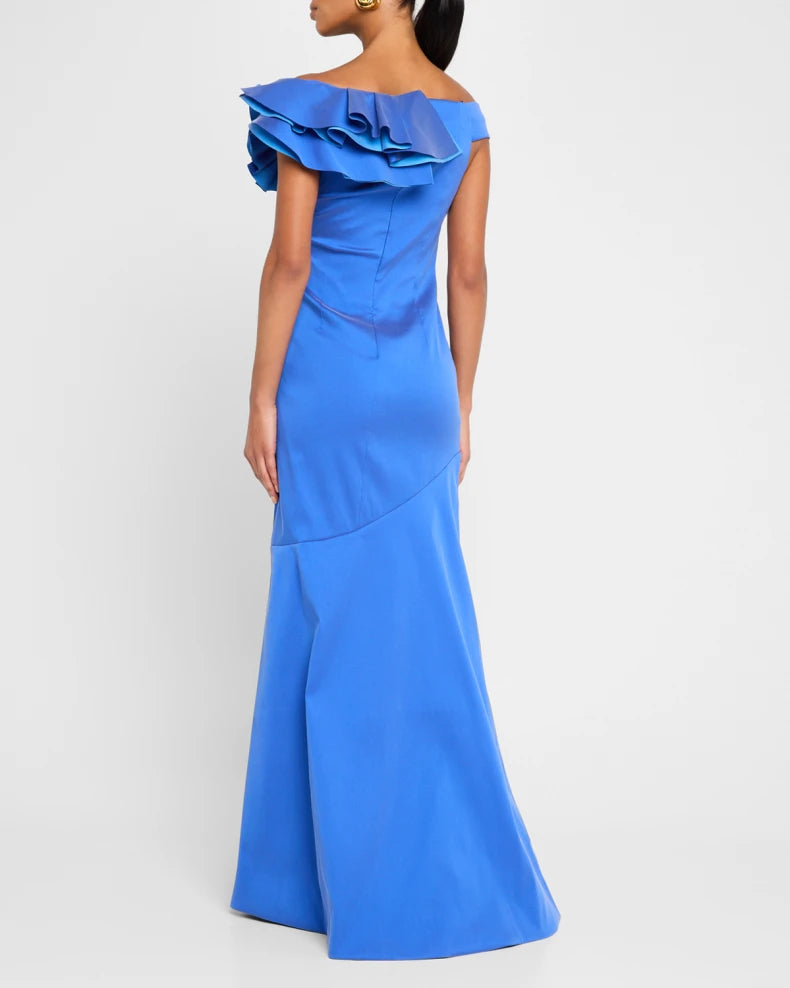 Pleated Off-Shoulder Ruffle Gazar Gown Beautiful and charming simple and unique desig