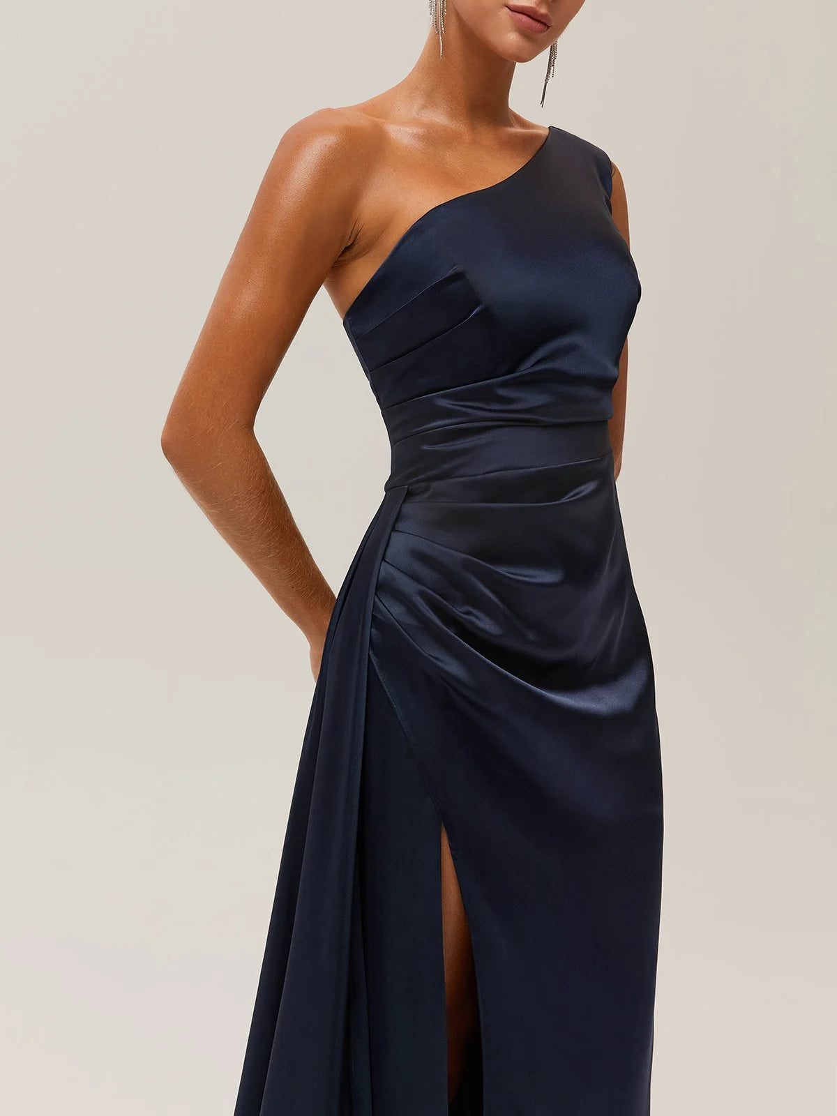 Simple beautiful generous and full of charm Purplish Blue Side-Slit One Shoulder Gown Satin Dress