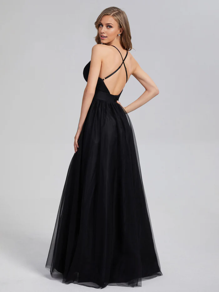 V-neck Side Slit Soft Satin Prom Dress with Trainning Simple gentle atmospheric and unique design