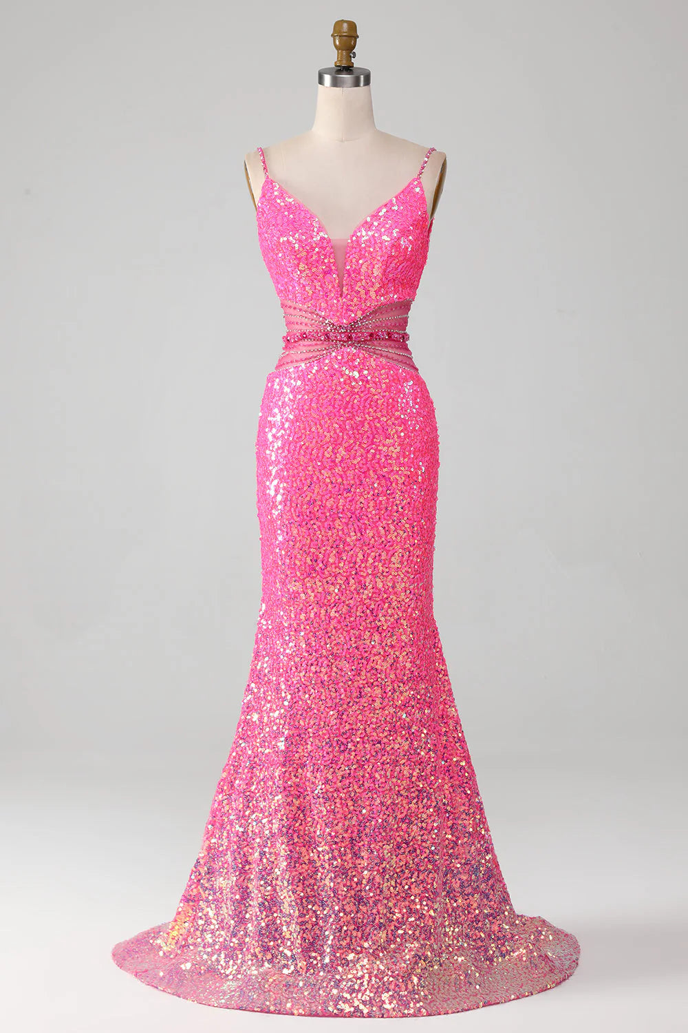 Hot Pink Mermaid Spaghetti Straps Glitter Prom Dress with Beading Waist