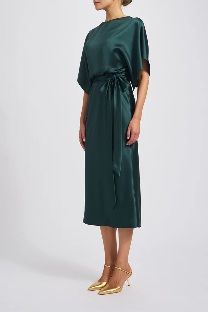 Fluid satin dolman sleeve bias midi dress Simple atmo spheric beautiful and unique design