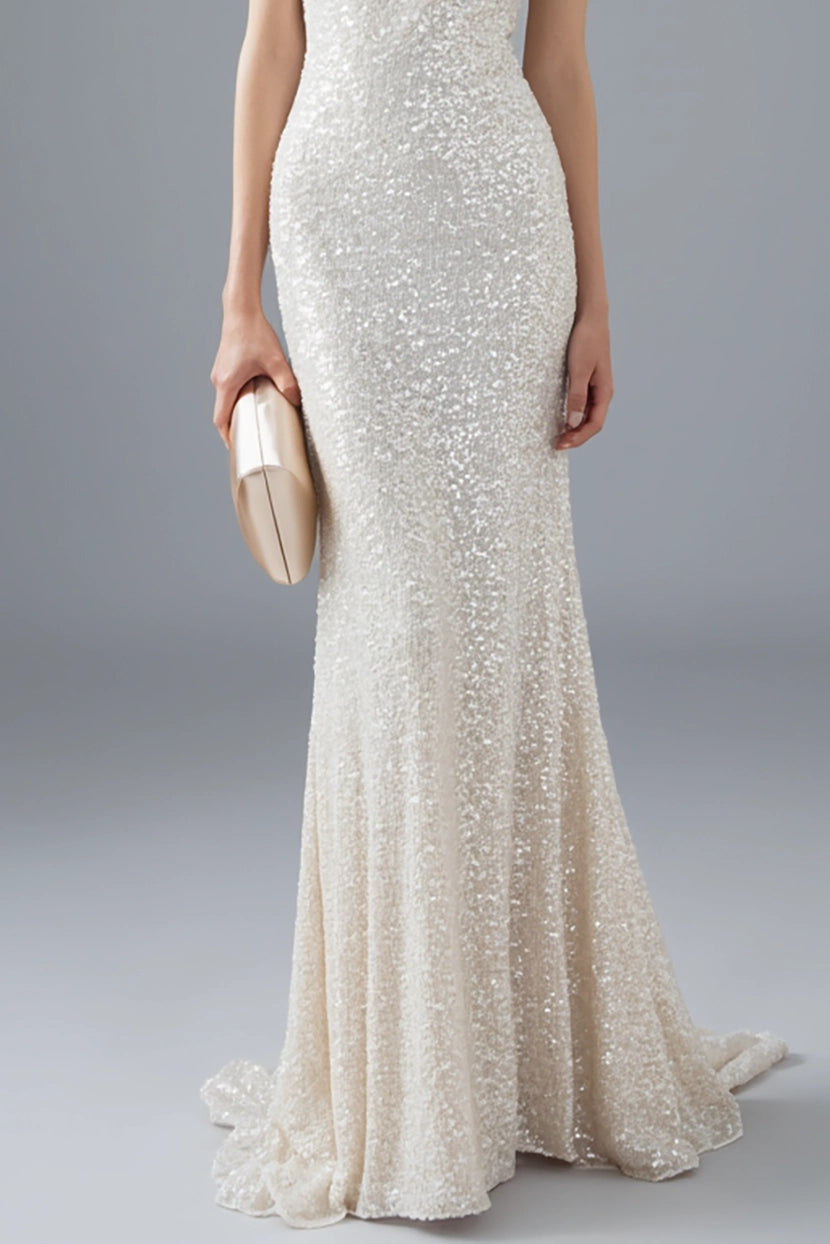 Evening Spaghetti Strap Sequin Dress White Mermaid Floor-Length Gown