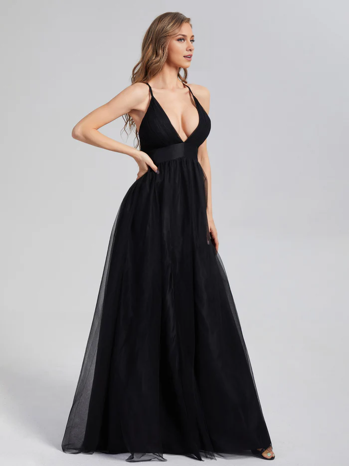 V-neck Side Slit Soft Satin Prom Dress with Trainning Simple gentle atmospheric and unique design