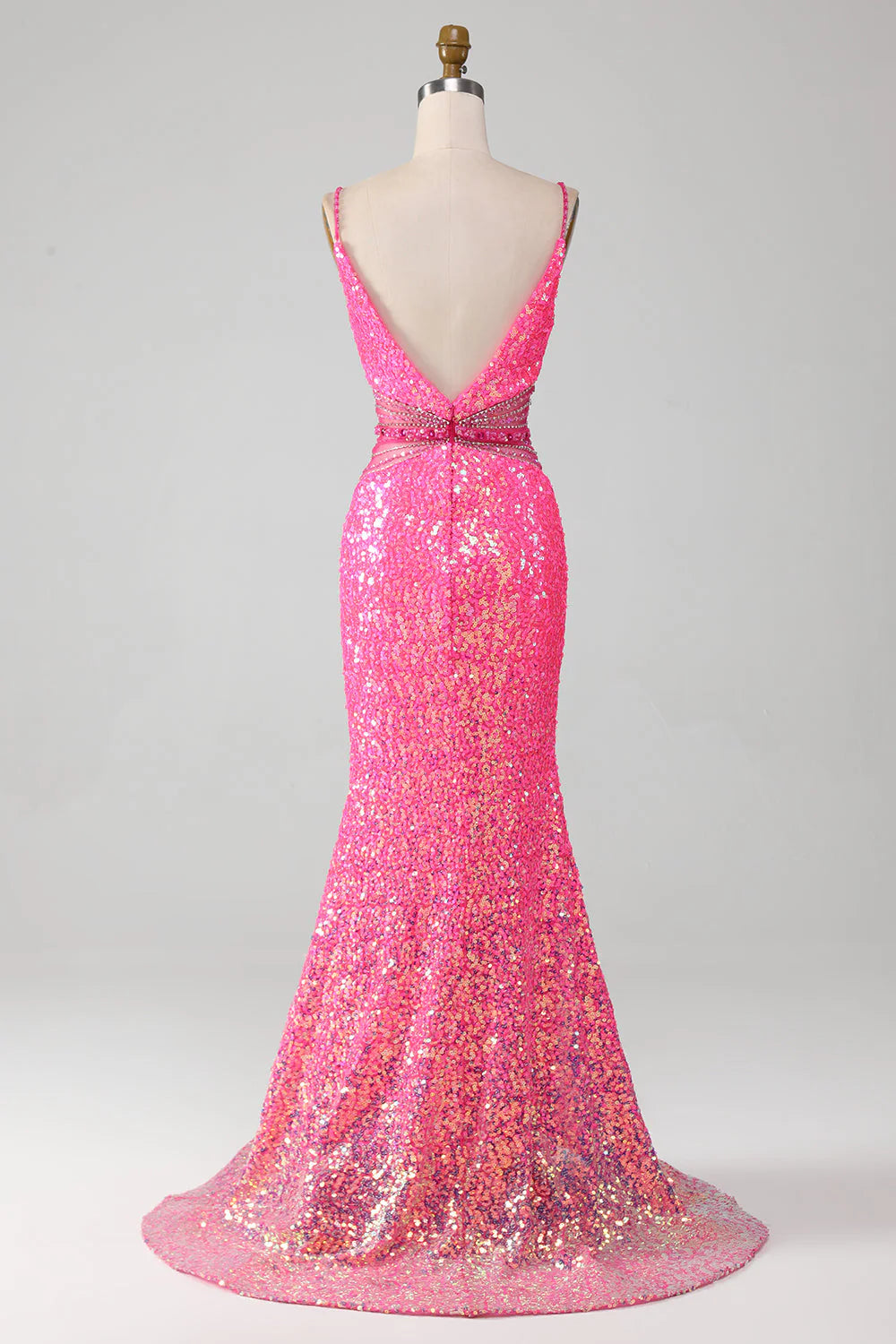 Hot Pink Mermaid Spaghetti Straps Glitter Prom Dress with Beading Waist