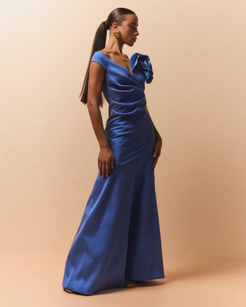 Pleated Off-Shoulder Ruffle Gazar Gown Beautiful and charming simple and unique desig