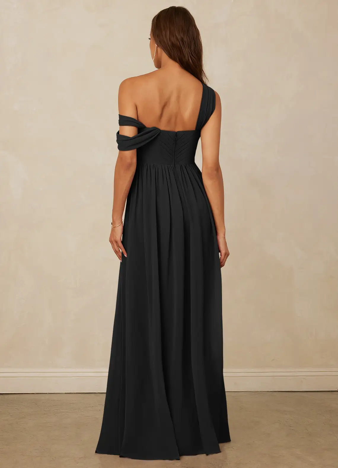 Black One-Shoulder Draped Maxi Dress with Side Slit A-Line Off the Shoulder Chiffon Dress Bridesmaid Dresses