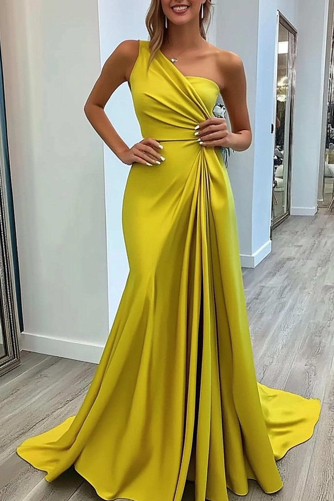 Evening Party Dress One-Shoulder Dress Pleated Solid Color Maxi Dress