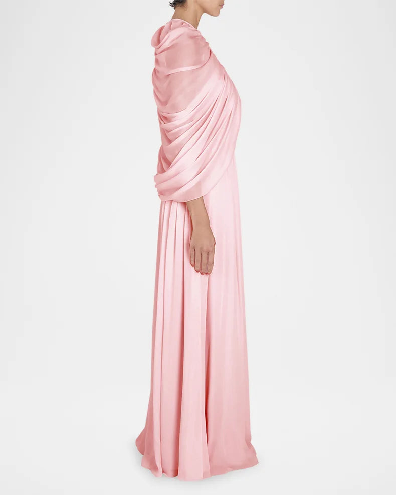 Charming and unique design Beautiful generous simple Keyhole Draped Cape Silk Gown