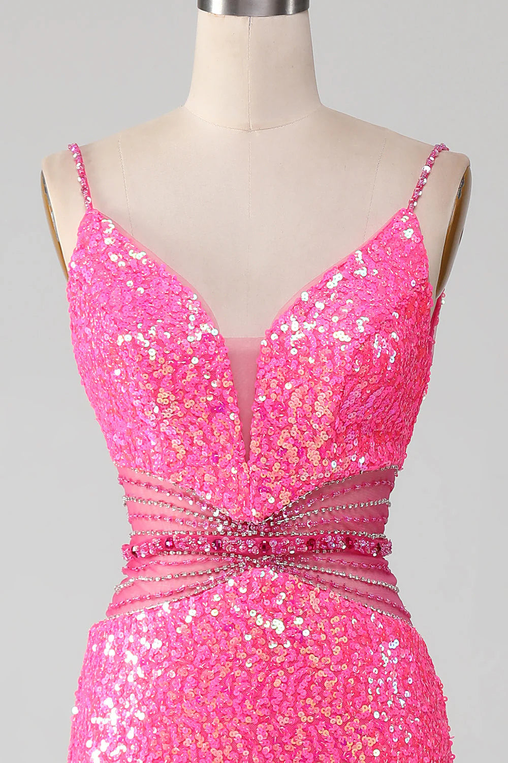 Hot Pink Mermaid Spaghetti Straps Glitter Prom Dress with Beading Waist