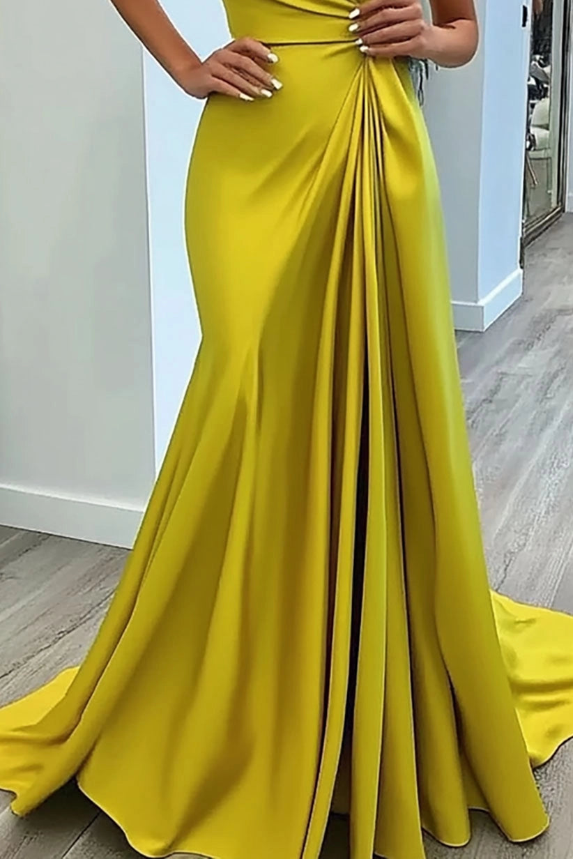 Evening Party Dress One-Shoulder Dress Pleated Solid Color Maxi Dress
