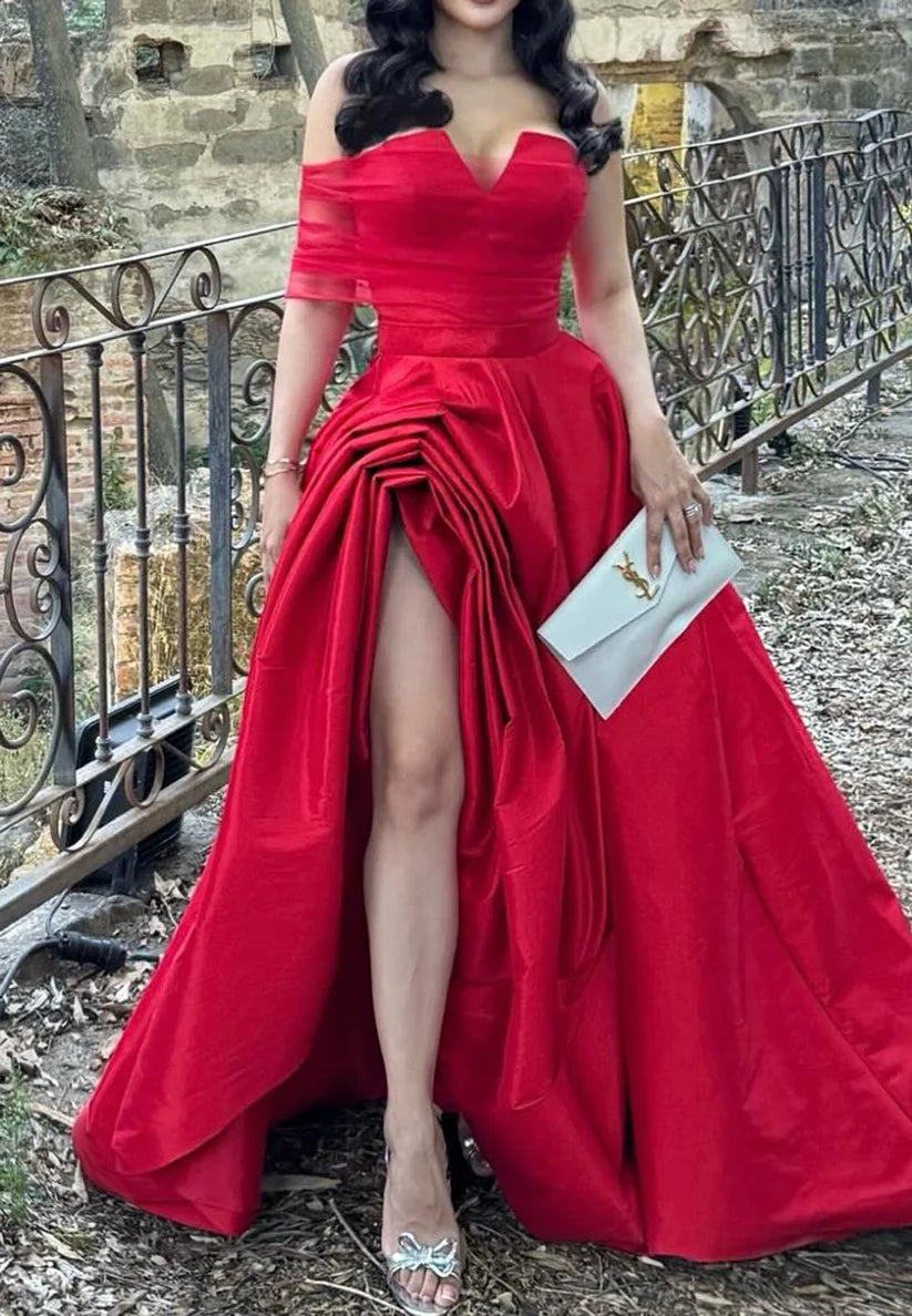Off-Shoulder High Slit Ruched A-Line Evening Dress Simple gentle beautiful and unique design