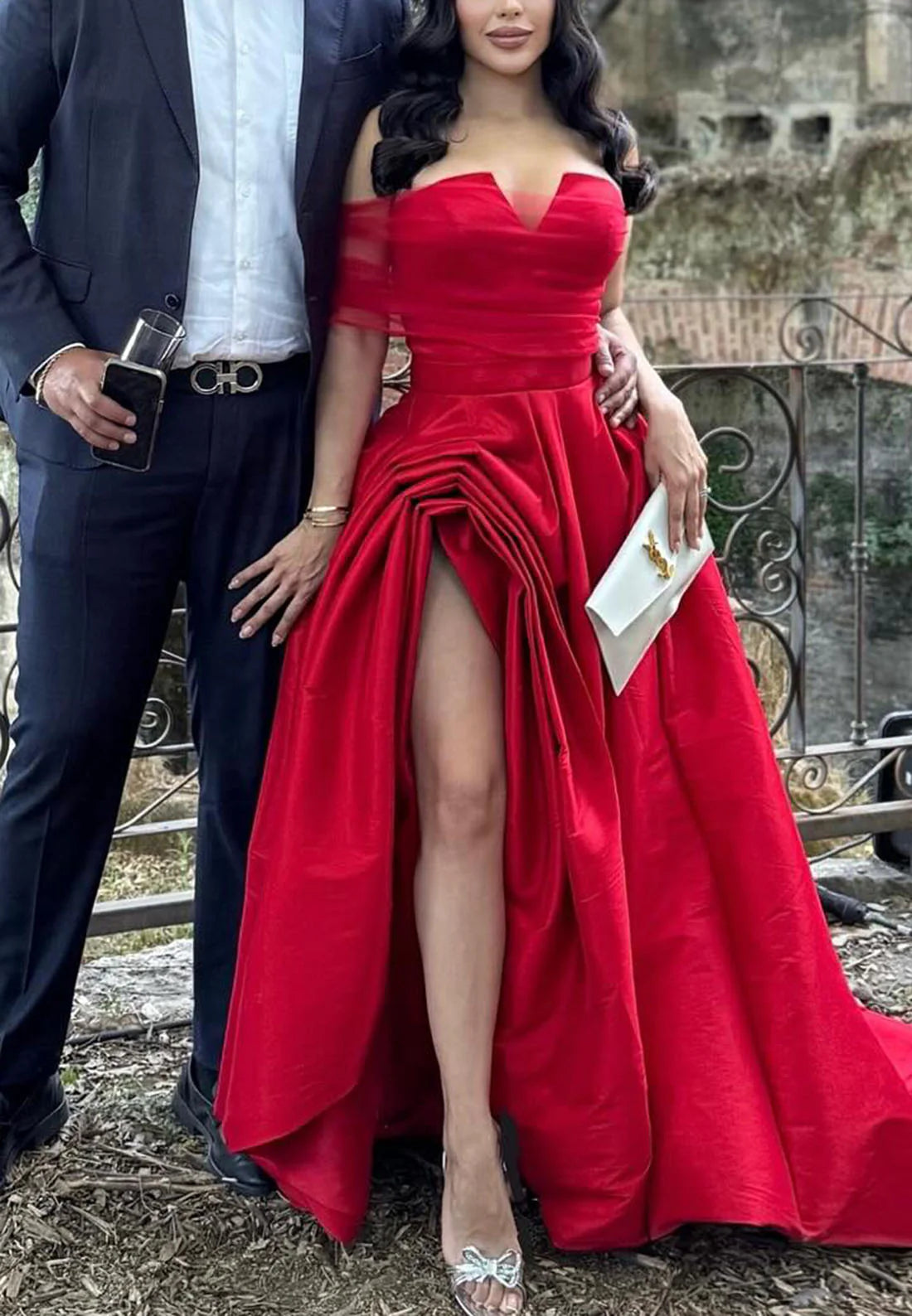 Off-Shoulder High Slit Ruched A-Line Evening Dress Simple gentle beautiful and unique design