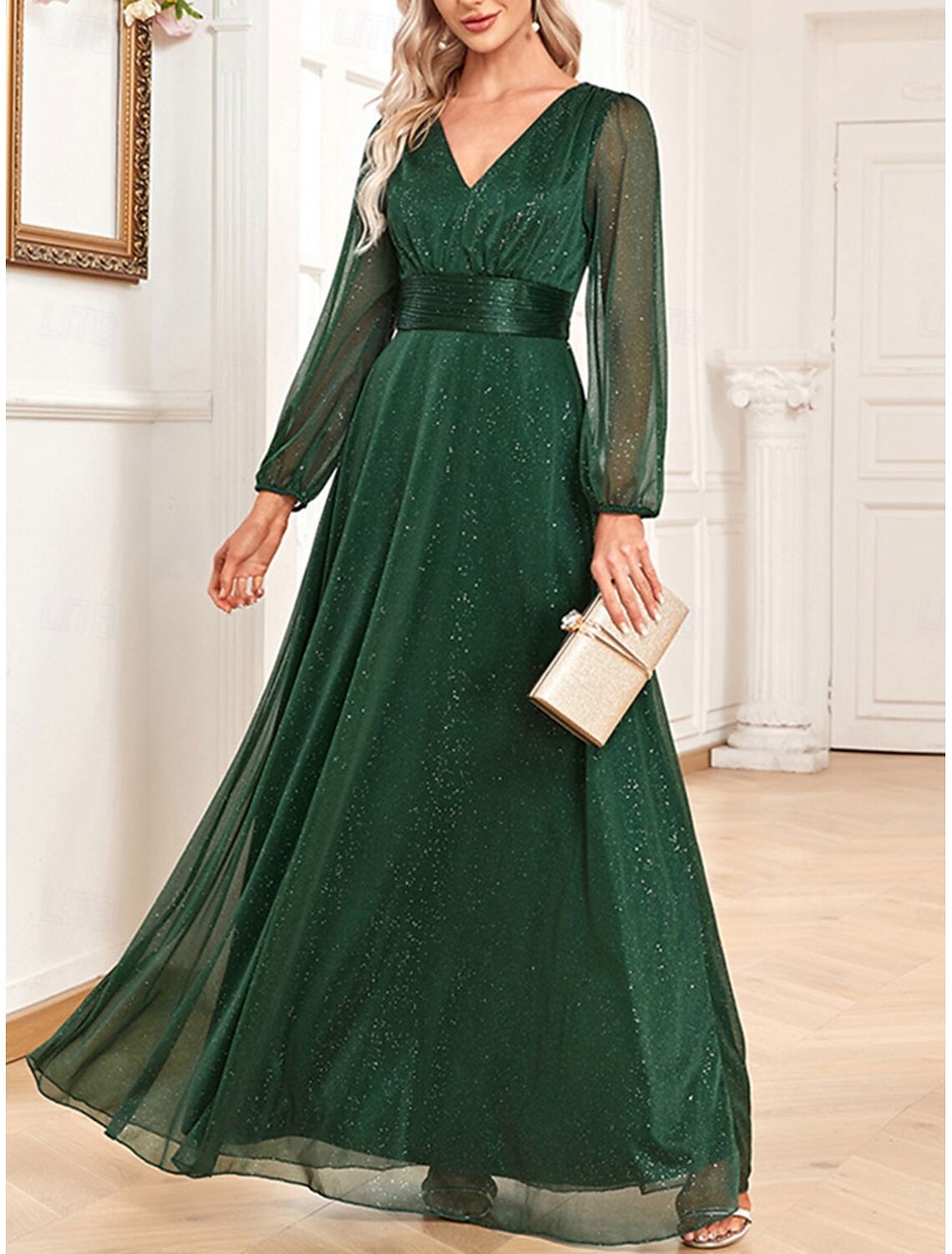 Dress Mother of the Bride Dress Elegant Party Sparkle & Shine V Neck Floor Length Chiffon Long Sleeve with Sequin