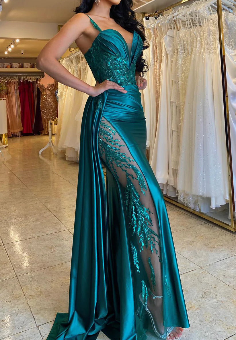 V-Neck Sleeveless Appliques Sheath Ruched Prom Dress Simple gentle beautiful and unique design