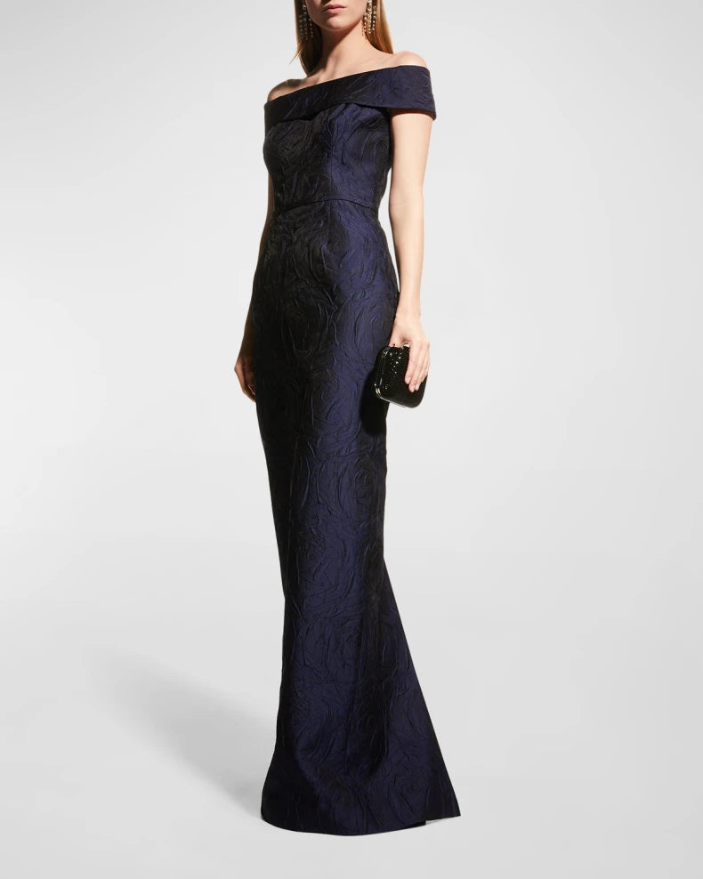 Off-Shoulder Jacquard Column Gown Beautiful and charming simple and unique design