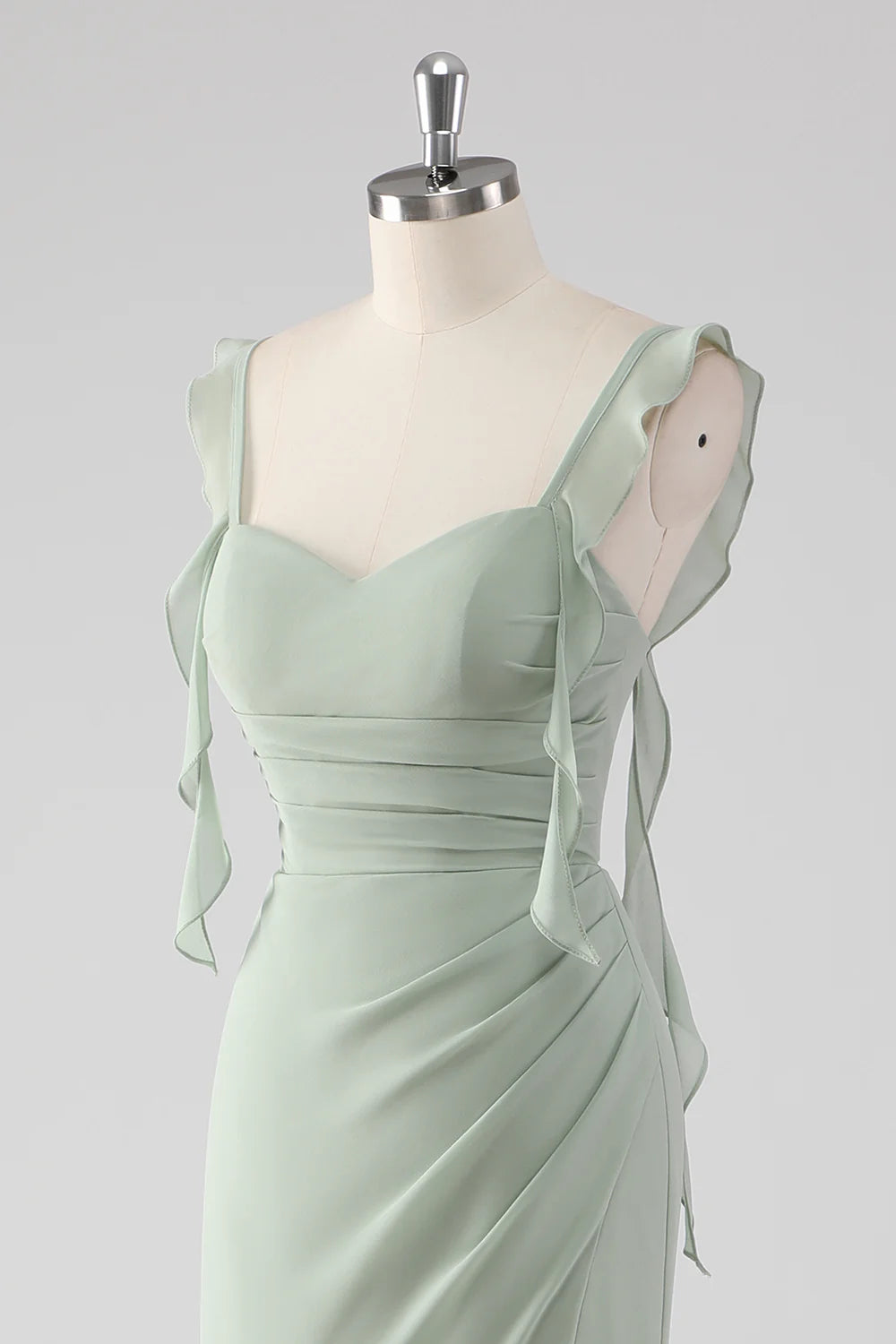 Sage Green Ruffled Sweetheart Neck Evening Gown Sage Green Ruffled Sheath Lace-Up Back Long Bridesmaid Dress with Slit Evening Dress