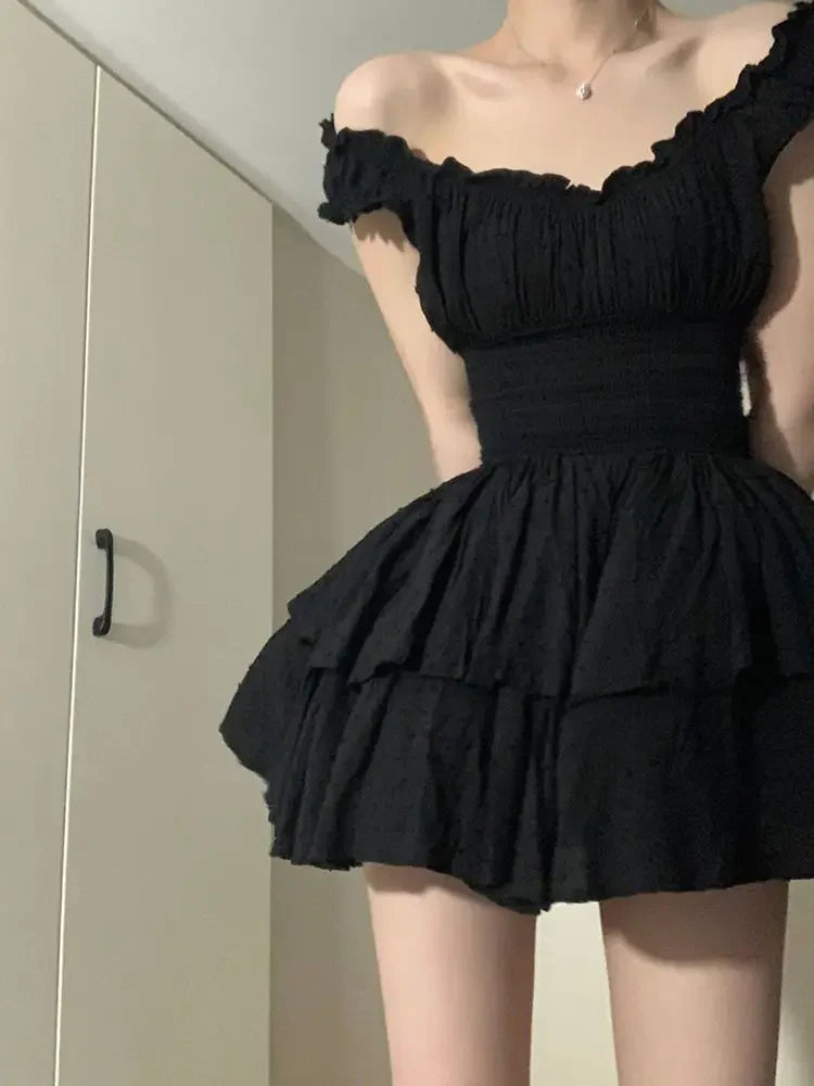 Black Mini Dress Women Vintage A-line Summer Sweet Homecoming Dress