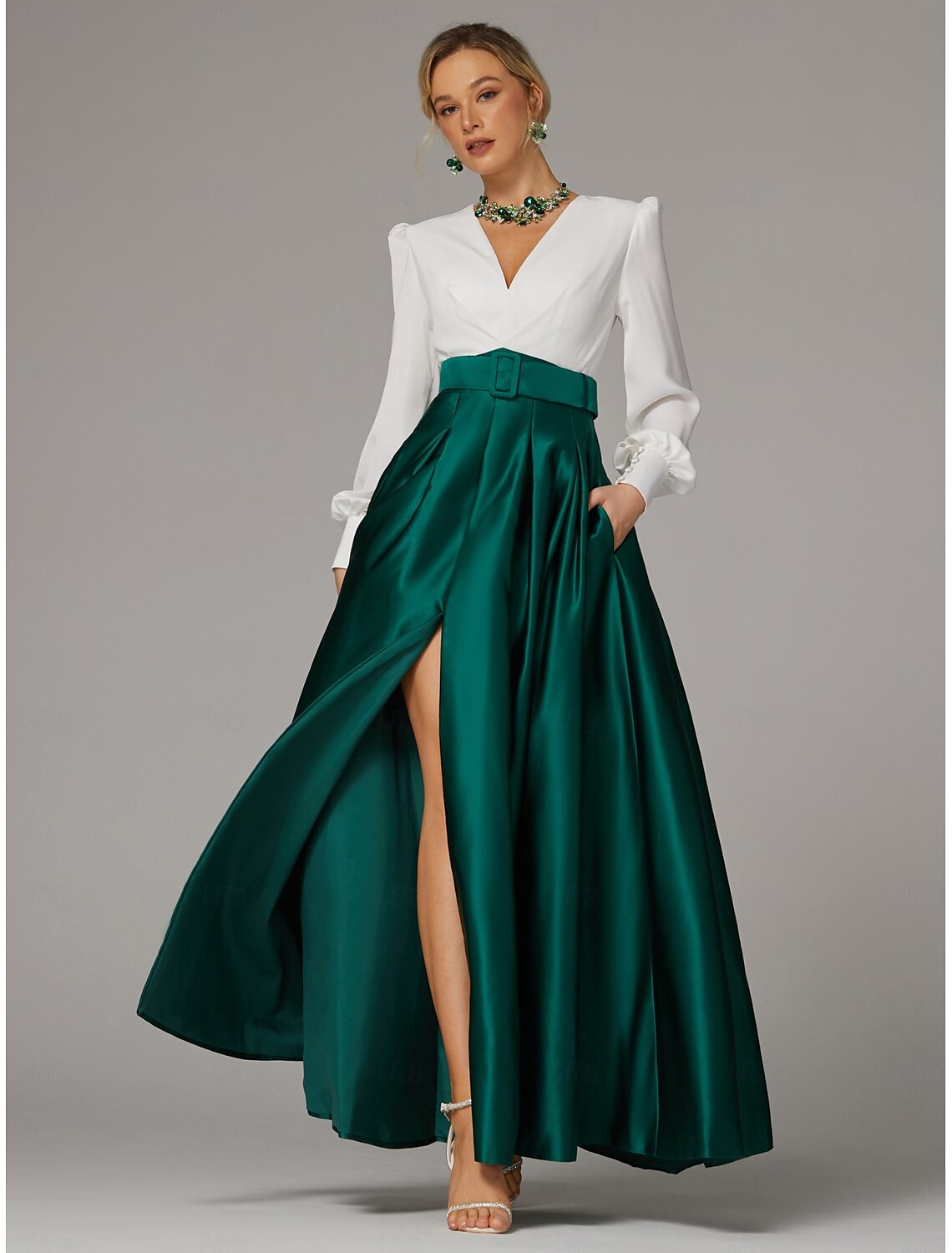 A-Line Evening Gown High Split Dress Formal Wedding Guest Floor Length Long Sleeve V Neck Fall Wedding Guest Satin with Pleats Slit