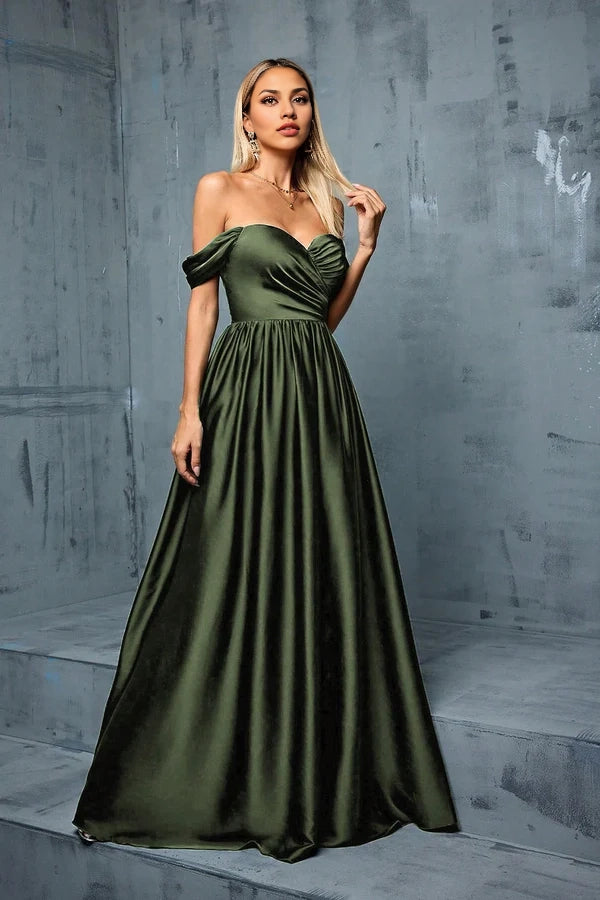 Army Green Off the Shoulder Satin A-Line Long Prom Dress simple gentle atmospheric and unique desi Bring summer colors to enhance whiteness