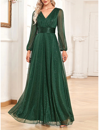 Dress Mother of the Bride Dress Elegant Party Sparkle & Shine V Neck Floor Length Chiffon Long Sleeve with Sequin