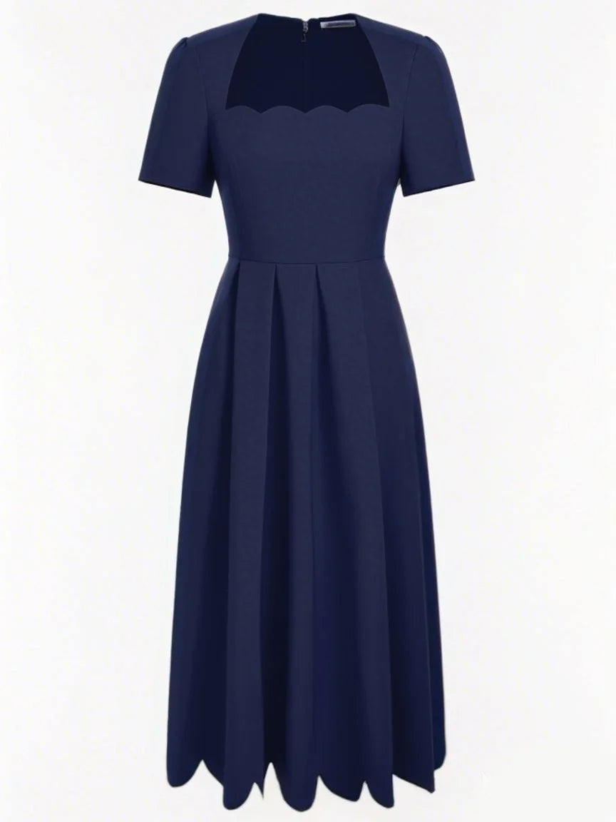 Purplish Blue Irregular Craftsmanship Classic Square Neck Short Sleeve A-Line Midi Dress