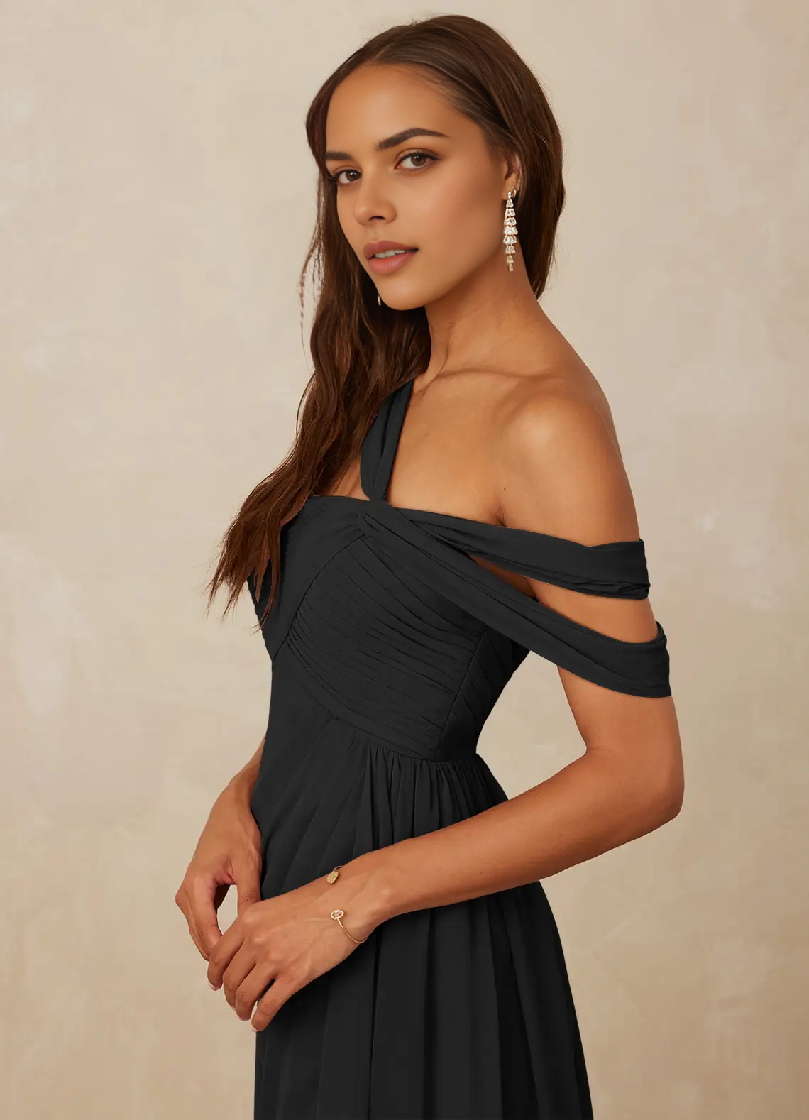 Black One-Shoulder Draped Maxi Dress with Side Slit A-Line Off the Shoulder Chiffon Dress Bridesmaid Dresses