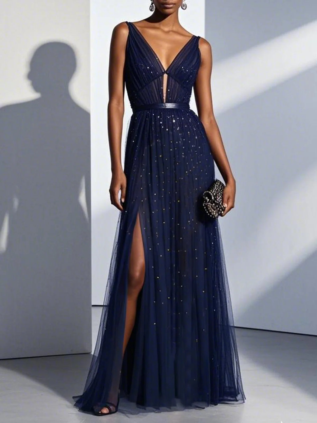 Simple beautiful generous and full of charm Purplish Blue Mesh Classic V Neck Sleeveless Sheath Maxi Dress