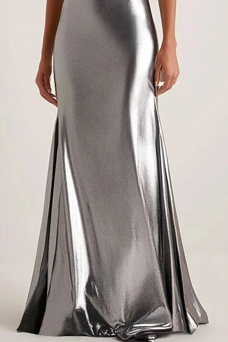 Evening Party Dress Silver Spaghetti Strap Metallic Floor-Length Gown Simple beautiful generous and full of charm