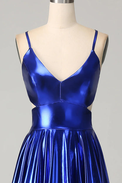 Sparkly A-Line Spaghetti Straps Backless Ruched Metallic Prom Dress With Slit