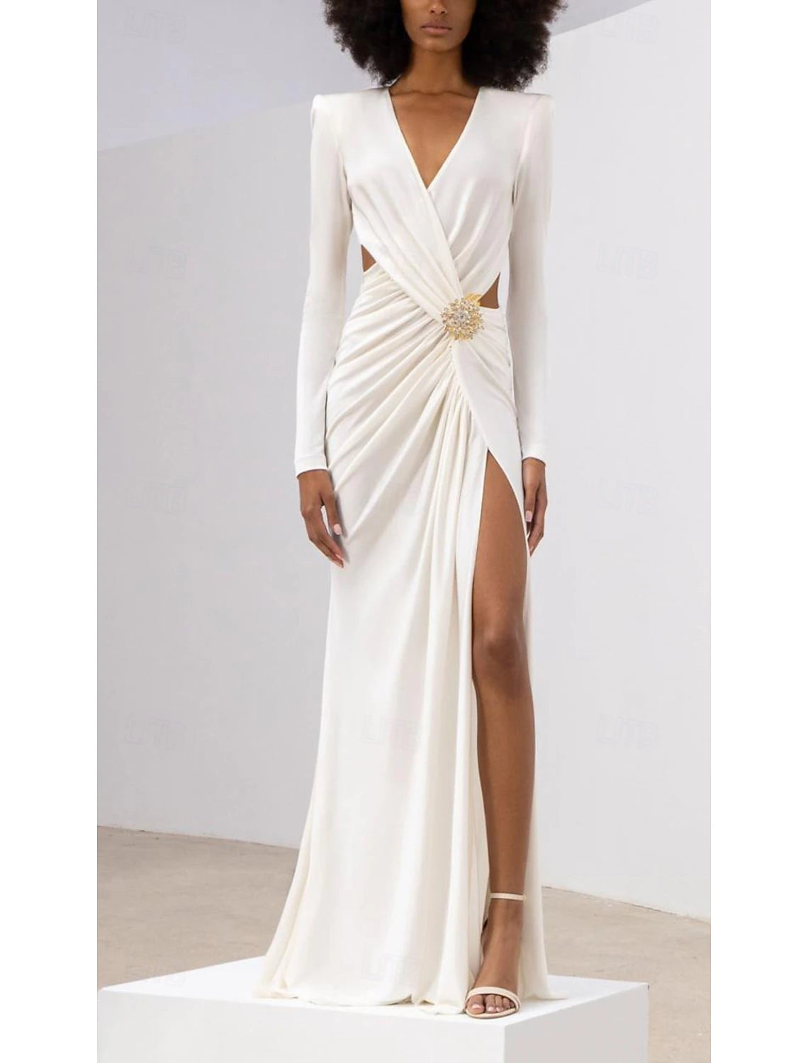 Mermaid Trumpet Evening Gown Elegant Dress Wedding Guest Floor Length Long Sleeve V Neck Nylon with Crystals