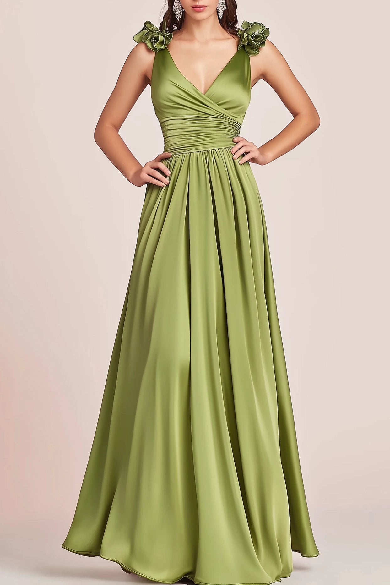 Wedding Guest Semiformal Dress Green Satin Flower Spaghetti Strap Floor-Length Gown