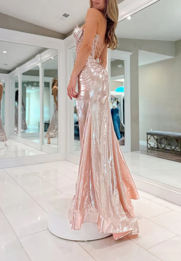 Sheath Sweetheart Beads Pleats Side Slit Long Prom Graduation Dress