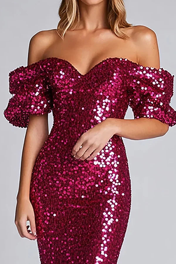 Sparkly Fuchsia Sheath Off The Shoulder Sequin Long Formal Dress simple gentle atmospheric and unique desi Bring summer colors to enhance whiteness
