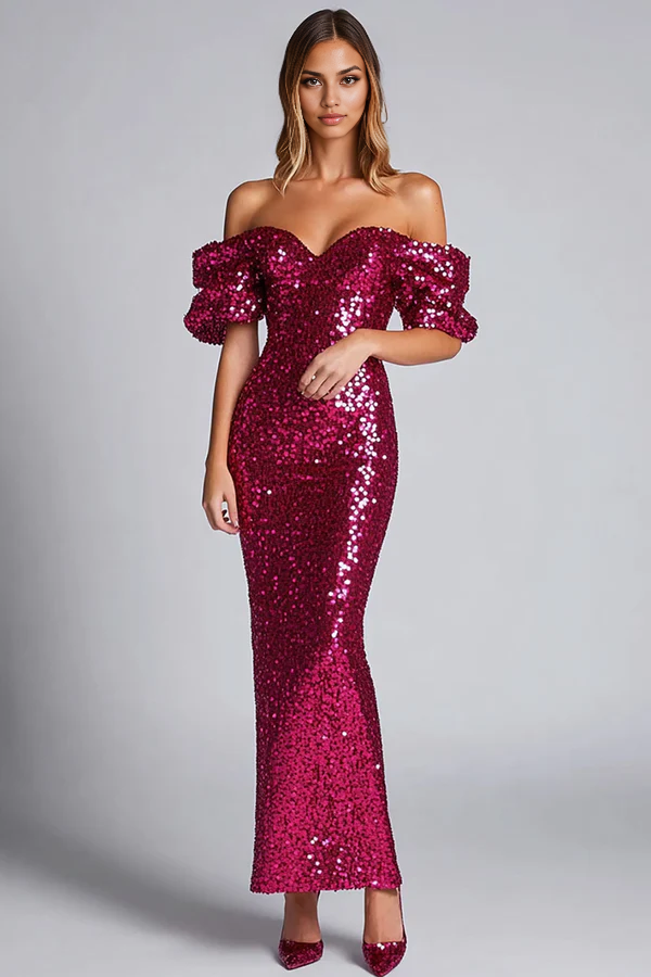 Sparkly Fuchsia Sheath Off The Shoulder Sequin Long Formal Dress simple gentle atmospheric and unique desi Bring summer colors to enhance whiteness