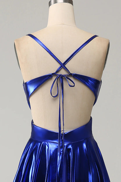 Sparkly A-Line Spaghetti Straps Backless Ruched Metallic Prom Dress With Slit