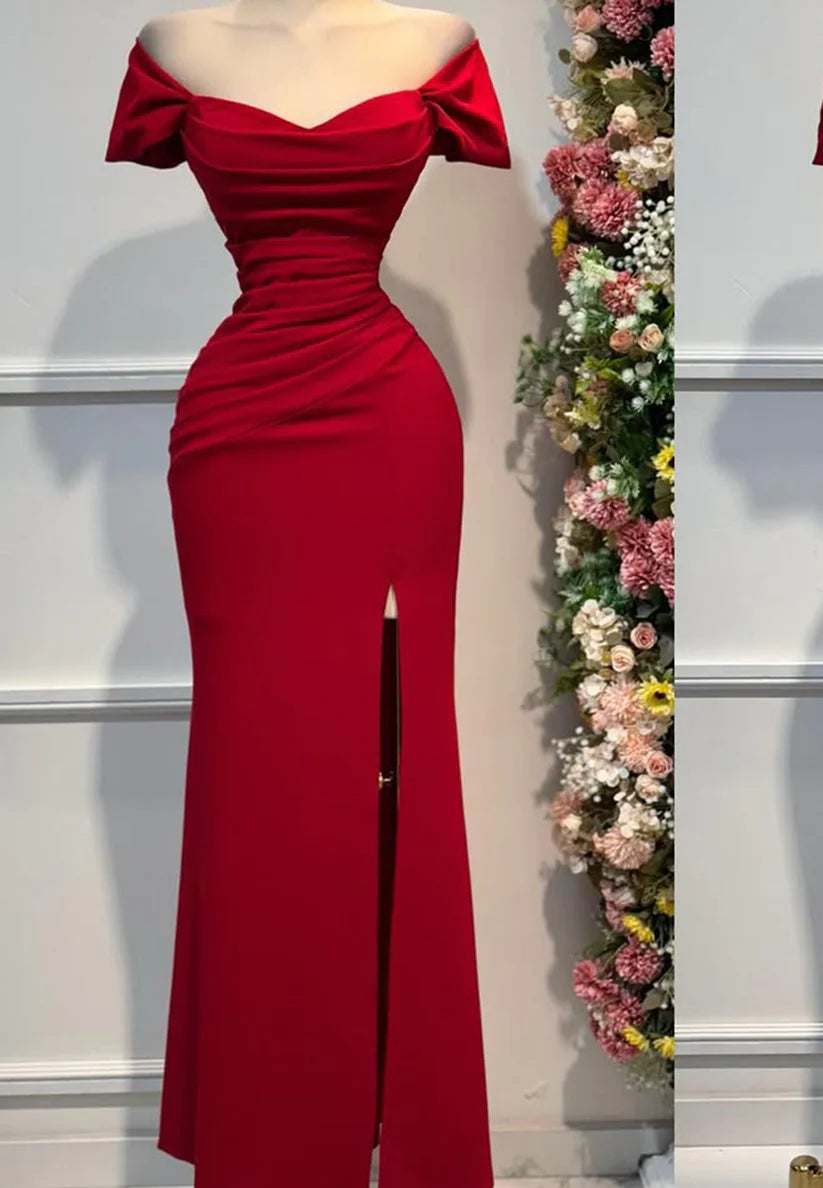 Sweetheart Cap Sleeves Ruched Side Slit Sheath Prom Dress Simple gentle beautiful and unique design