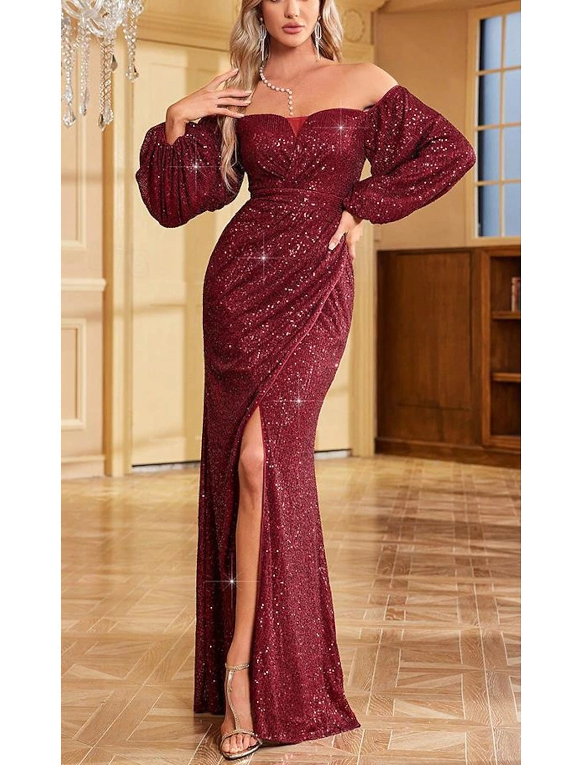 A-Line Mermaid / Trumpet Evening Gown Elegant Dress Wedding Sweep / Brush Train Short Sleeve Off Shoulder Fall Wedding Guest with Glitter Sequin