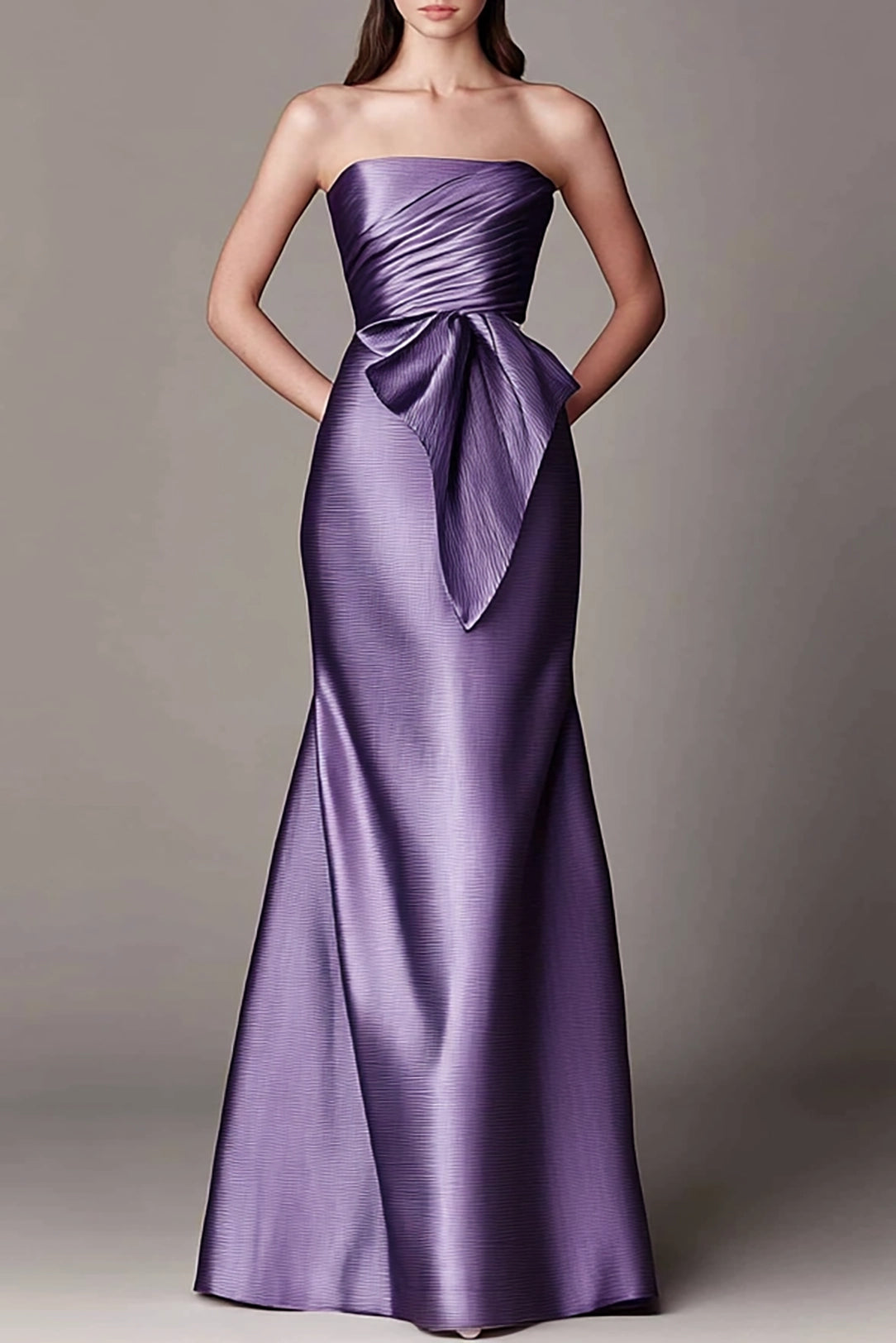 Evening Bandeau Dress Draped Ruched Bust Purple Maxi Dress