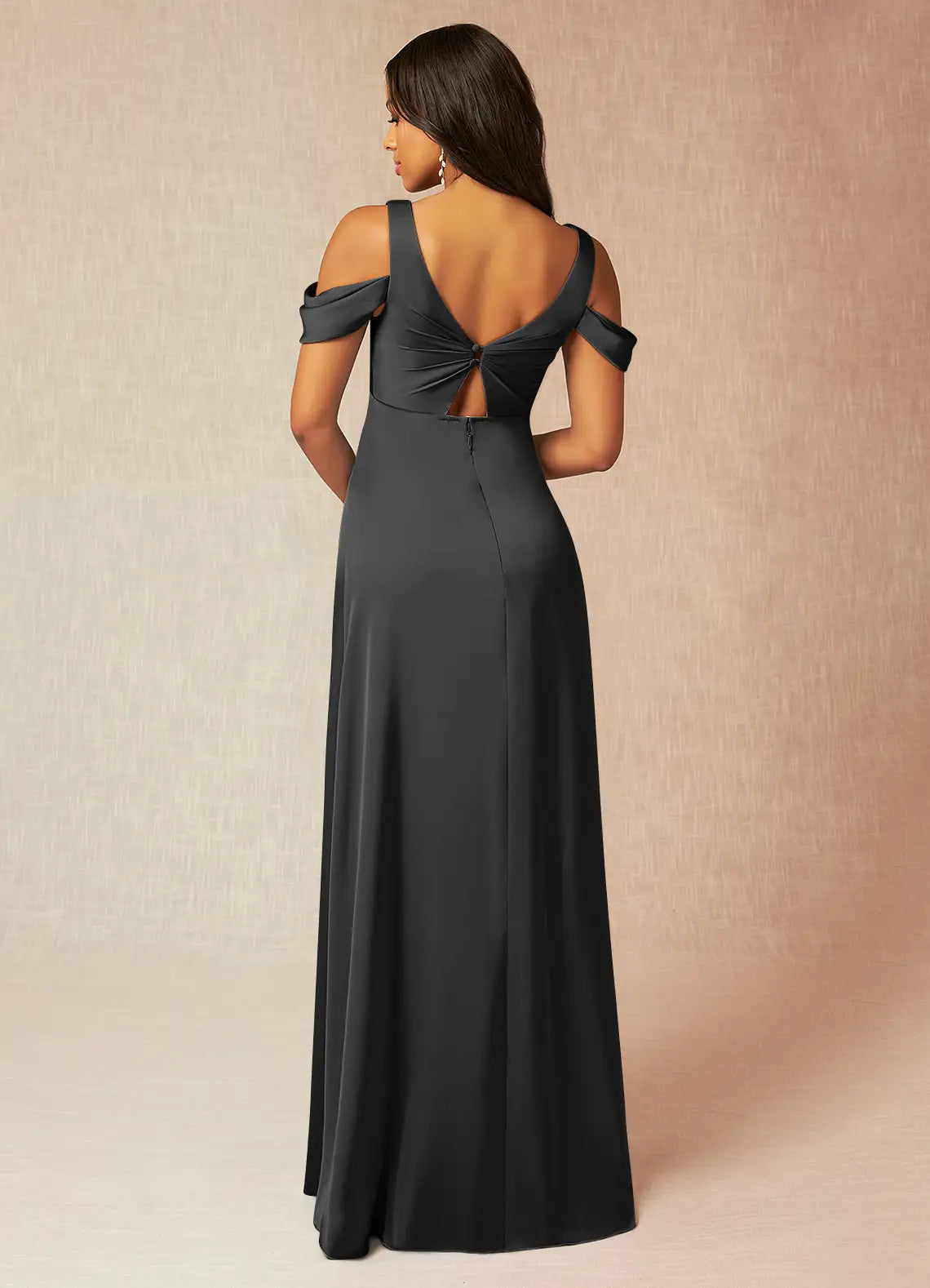 Black Cold-Shoulder Maternity Maxi Dress with Bow Back A-Line Off-The-Shouler Pleated Stretch Satin Floor-Length Dress black Bridesmaid Dresses