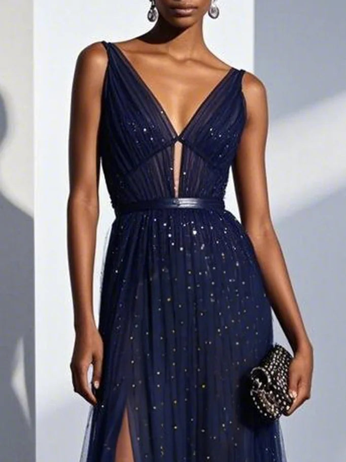 Simple beautiful generous and full of charm Purplish Blue Mesh Classic V Neck Sleeveless Sheath Maxi Dress