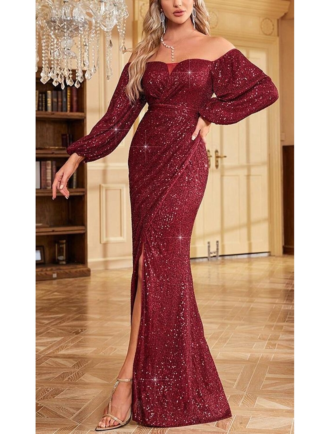 A-Line Mermaid / Trumpet Evening Gown Elegant Dress Wedding Sweep / Brush Train Short Sleeve Off Shoulder Fall Wedding Guest with Glitter Sequin