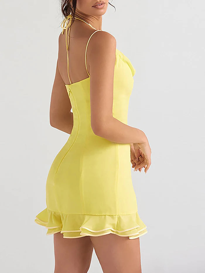 Yellow Halter Spaghetti Straps Graduation Party Dress